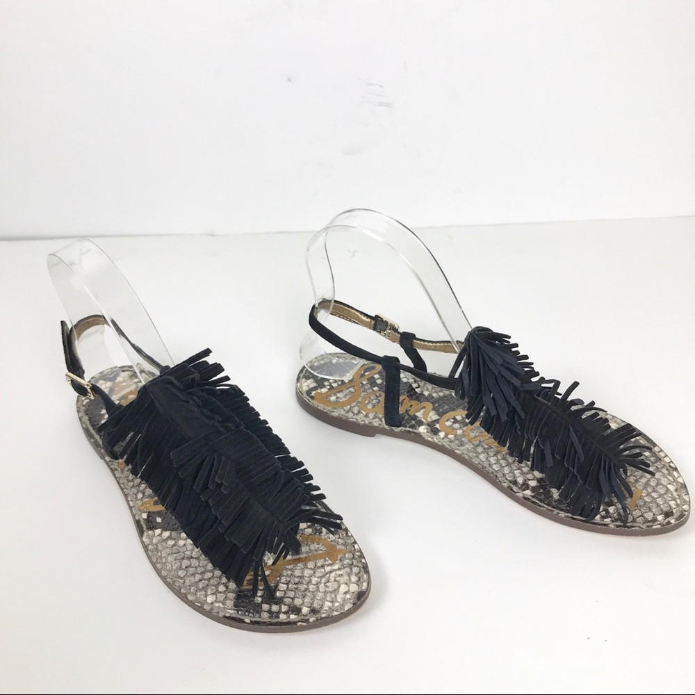 Sam Edelman Gela Black Fringe Snake Print Sandals
